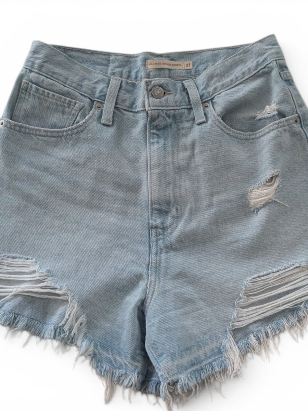 Levi's High Rise Denim Shorts Size 27 Light Wash Distressed — EUC - Picture 3 of 7